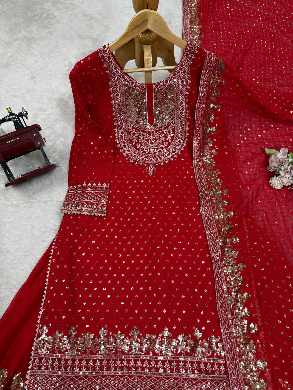 Foux Georgette Thread with Sequence Sharara Suit Fully Stiched
