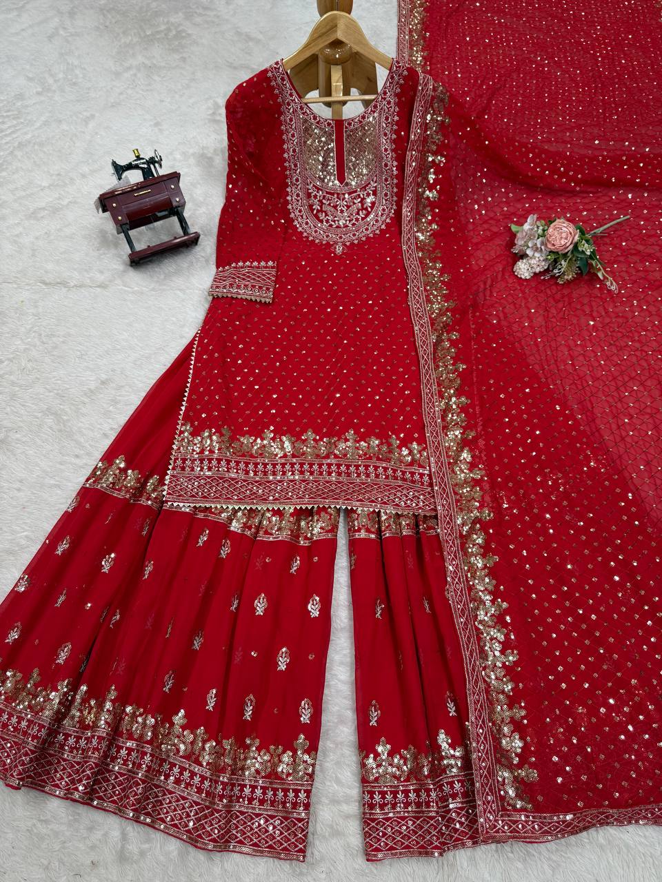 Foux Georgette Thread with Sequence Sharara Suit Fully Stiched