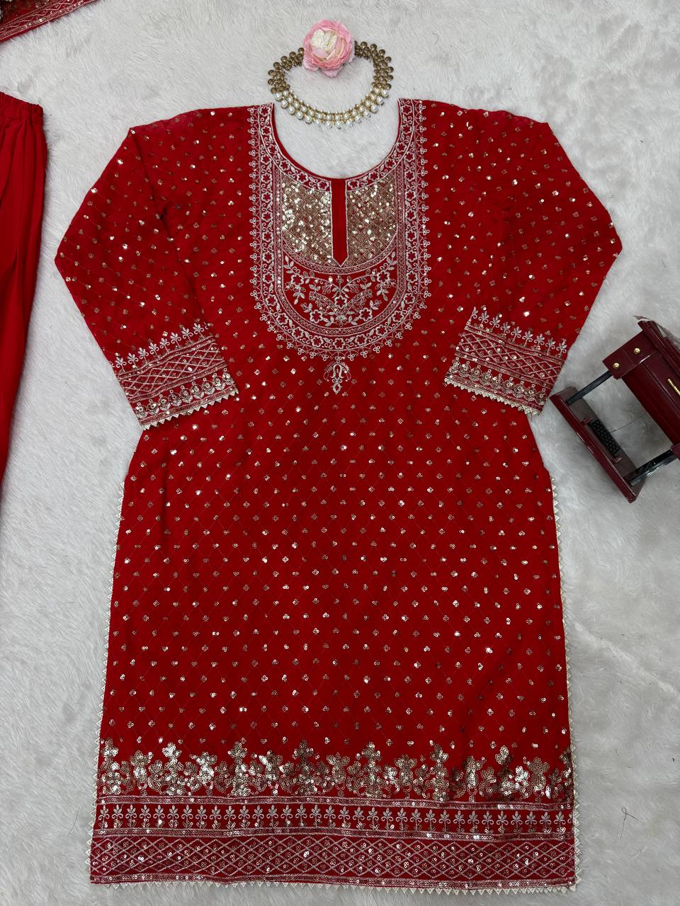 Foux Georgette Thread with Sequence Sharara Suit Fully Stiched