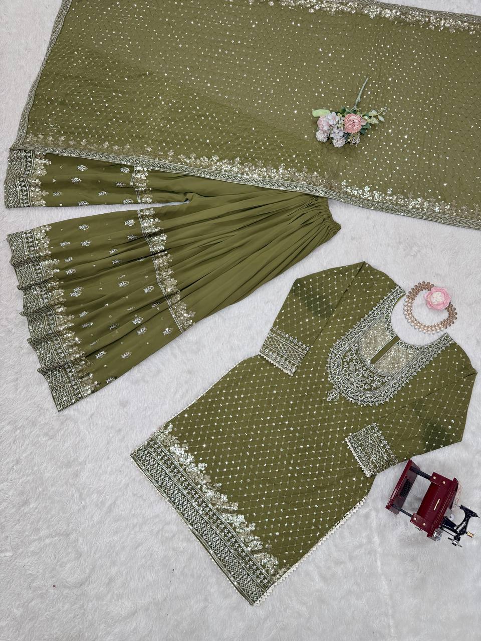 Foux Georgette Thread with Sequence Sharara Suit Fully Stiched