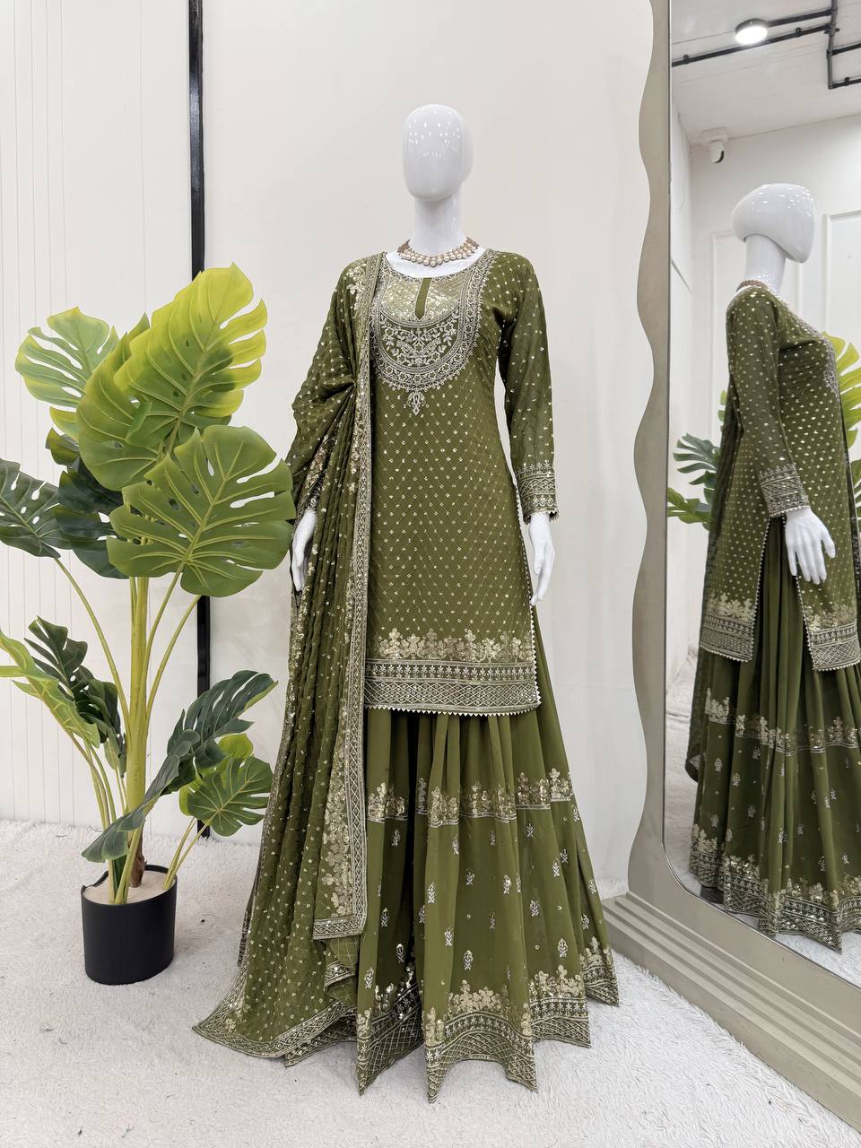 Foux Georgette Thread with Sequence Sharara Suit Fully Stiched