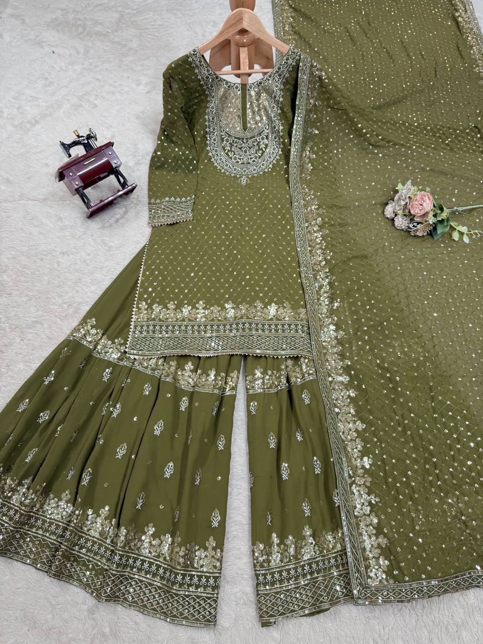 Foux Georgette Thread with Sequence Sharara Suit Fully Stiched
