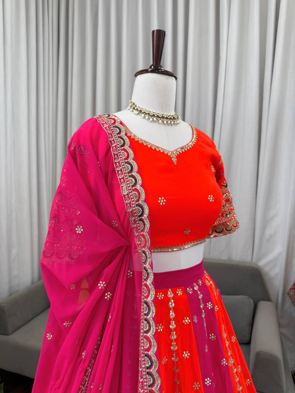 Foux Gorgette Pink And Orange Thread With Sequnce Lehenga Choli