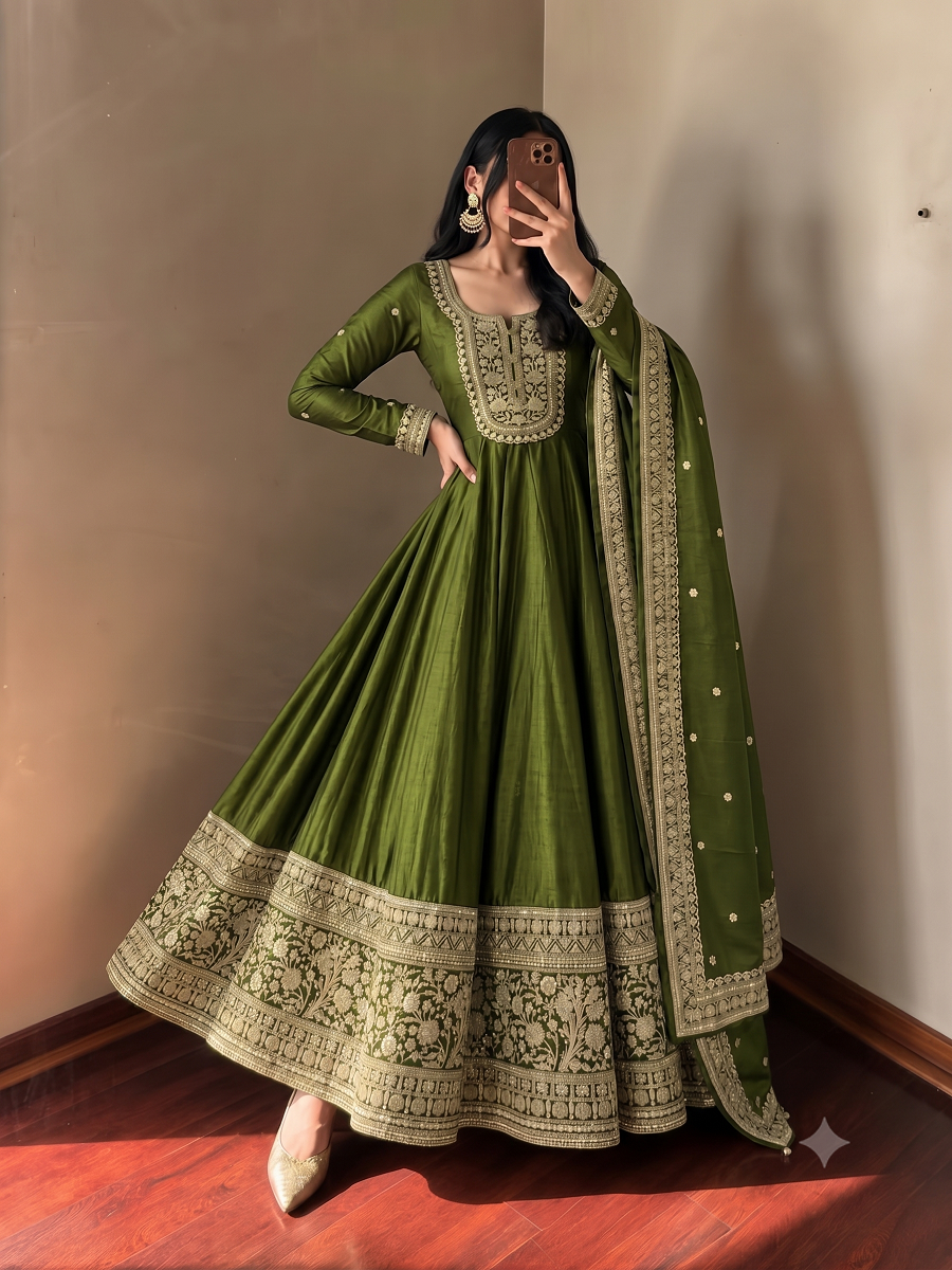 Designer Wedding Wear Flared Heavy Embroidered Anarkali Kurta Pant Set with Dupatta