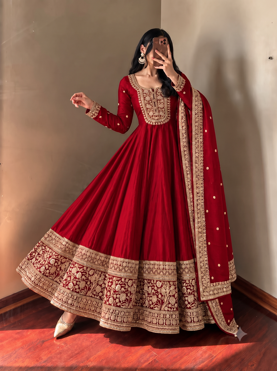 Designer Wedding Wear Flared Heavy Embroidered Anarkali Kurta Pant Set with Dupatta