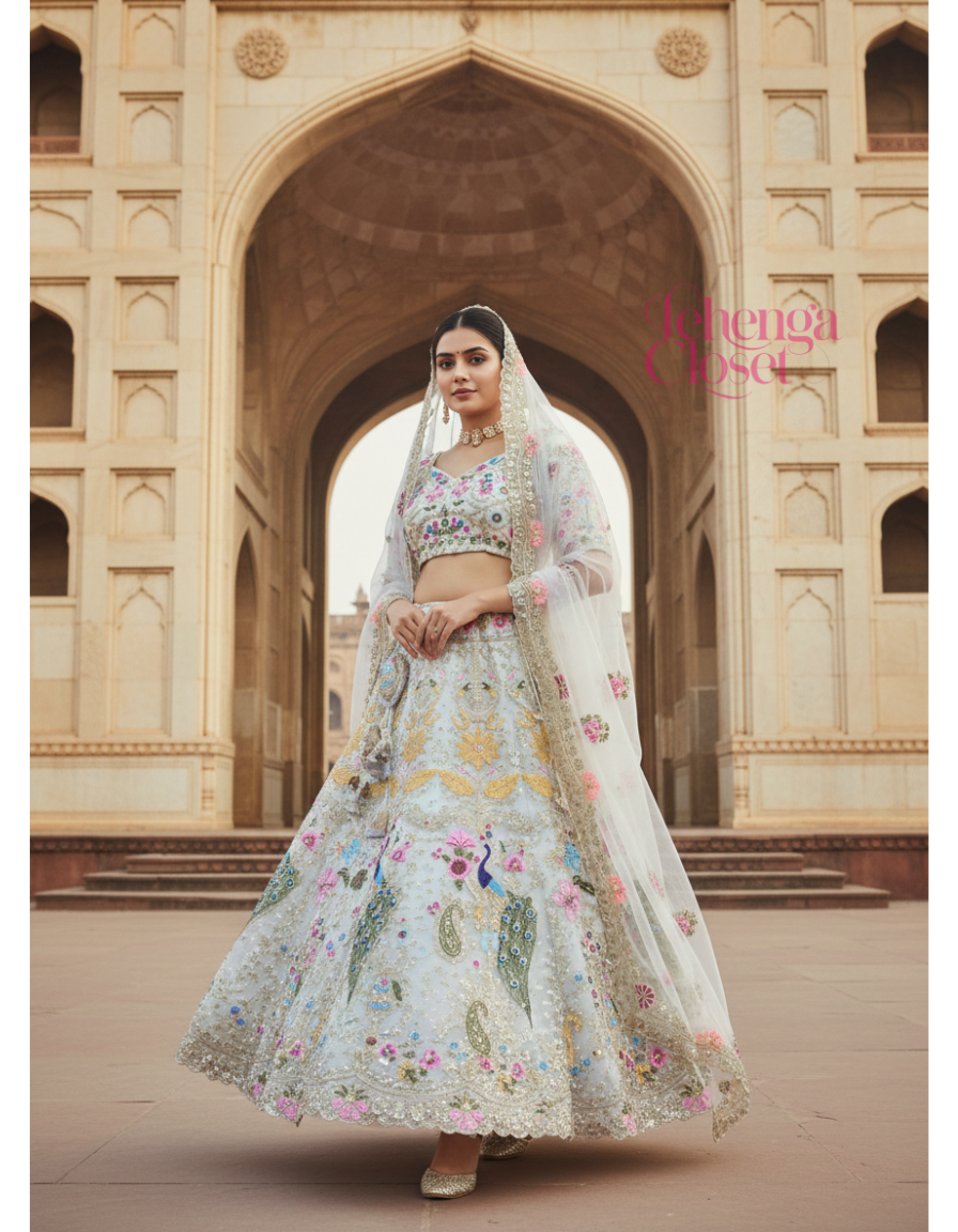 Wedding Wear Organza Silk Peacock Work Lehenga Choli