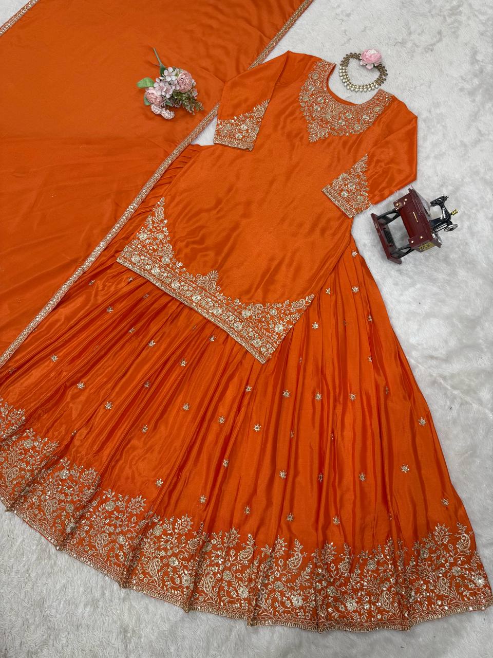 Wedding Wear Chinon Silk Lehenga Top With Dupatta