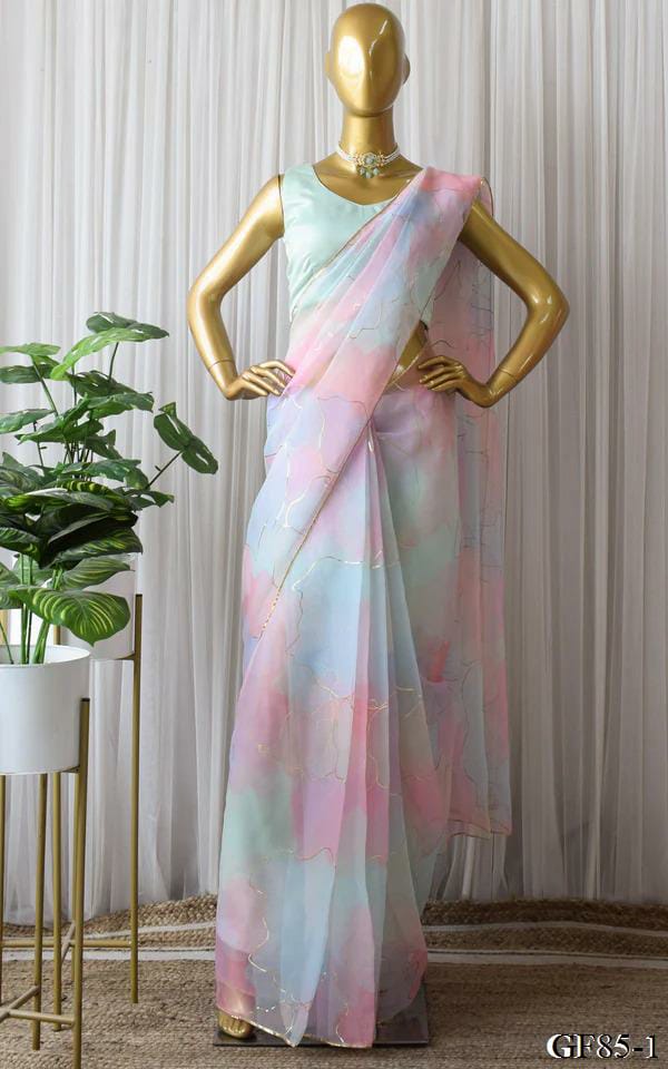 Multi Color Soft Organza Silk Hand Foil Print Saree Blouse For Women