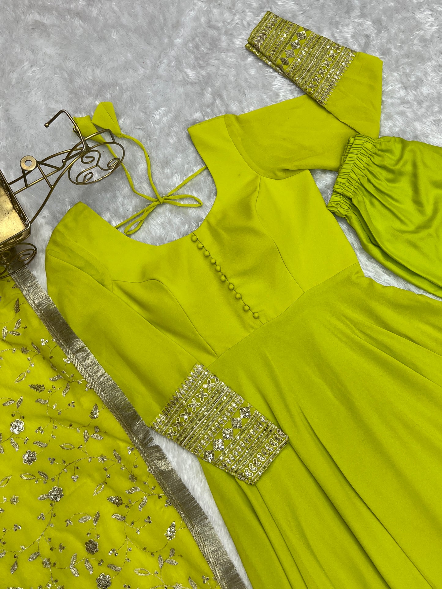Parrot Green Color Georgette Gown with Work Dupatta