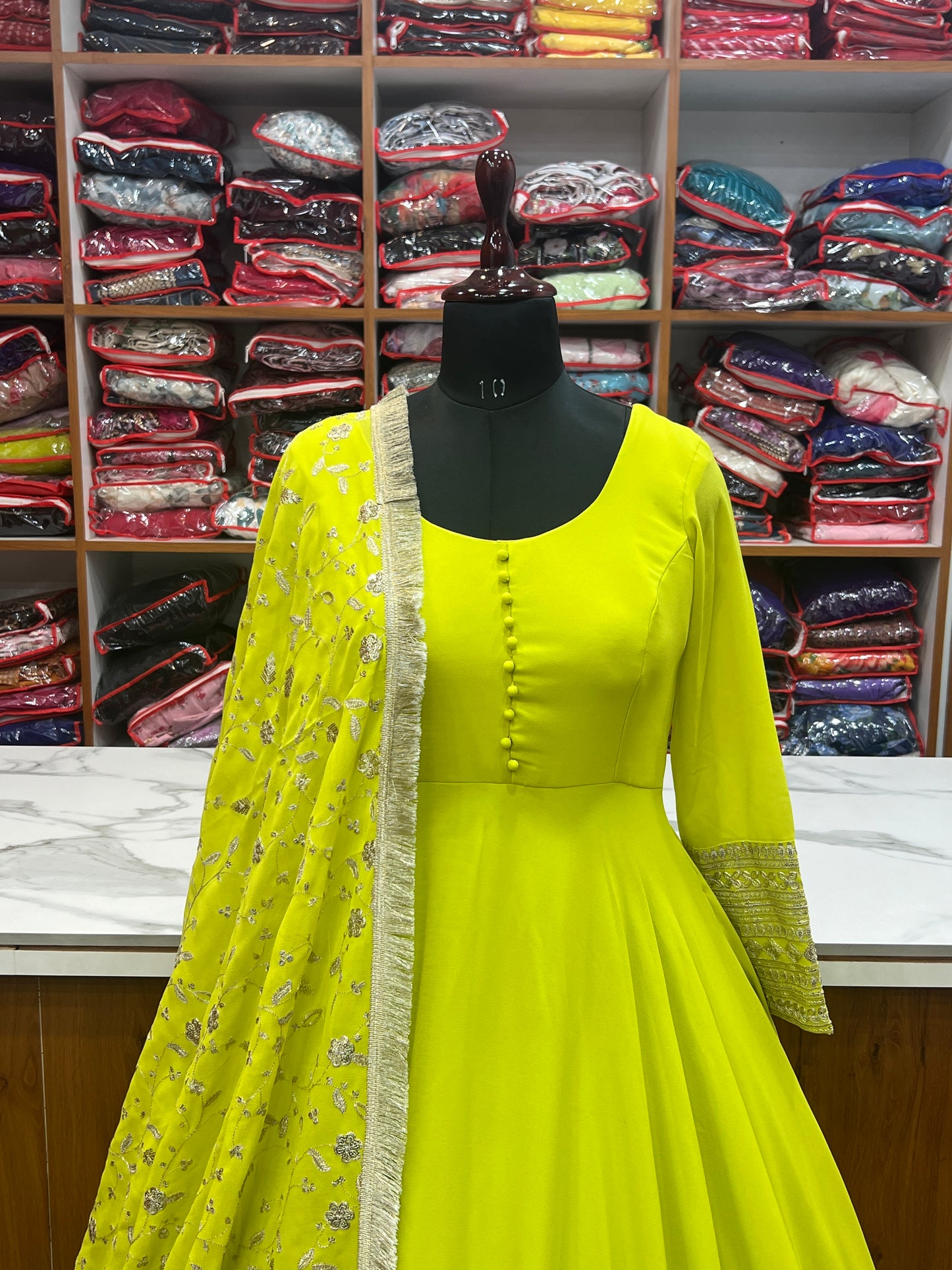 Parrot Green Color Georgette Gown with Work Dupatta