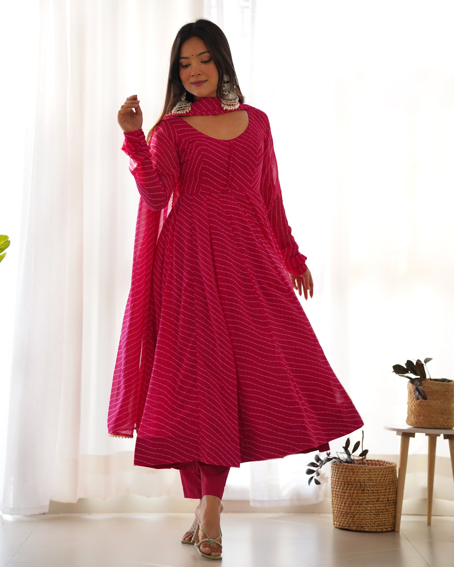 Pink Color Lehariya Printed Georgette Gown