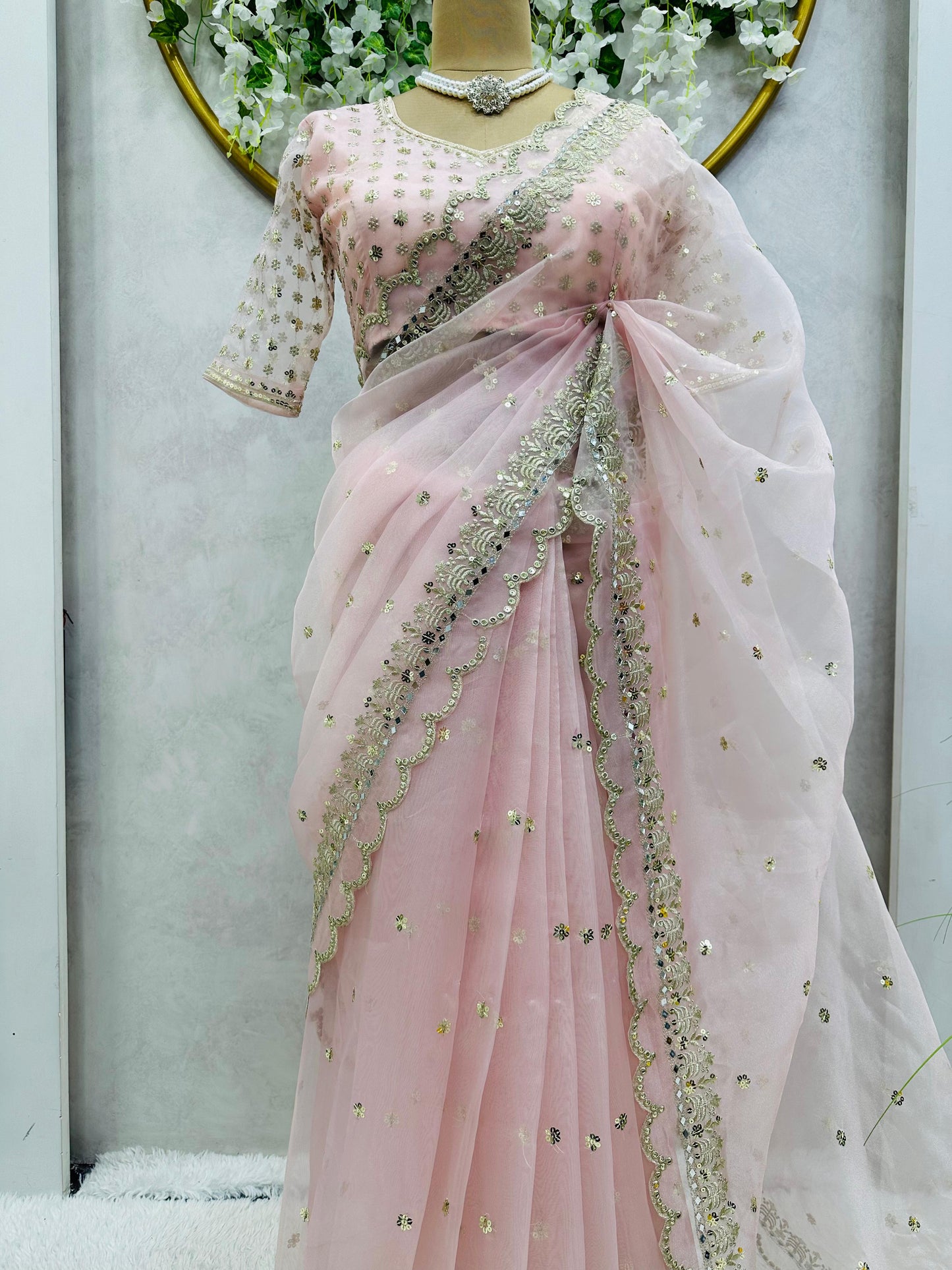Peach Organza Silk Embroidered Work Saree