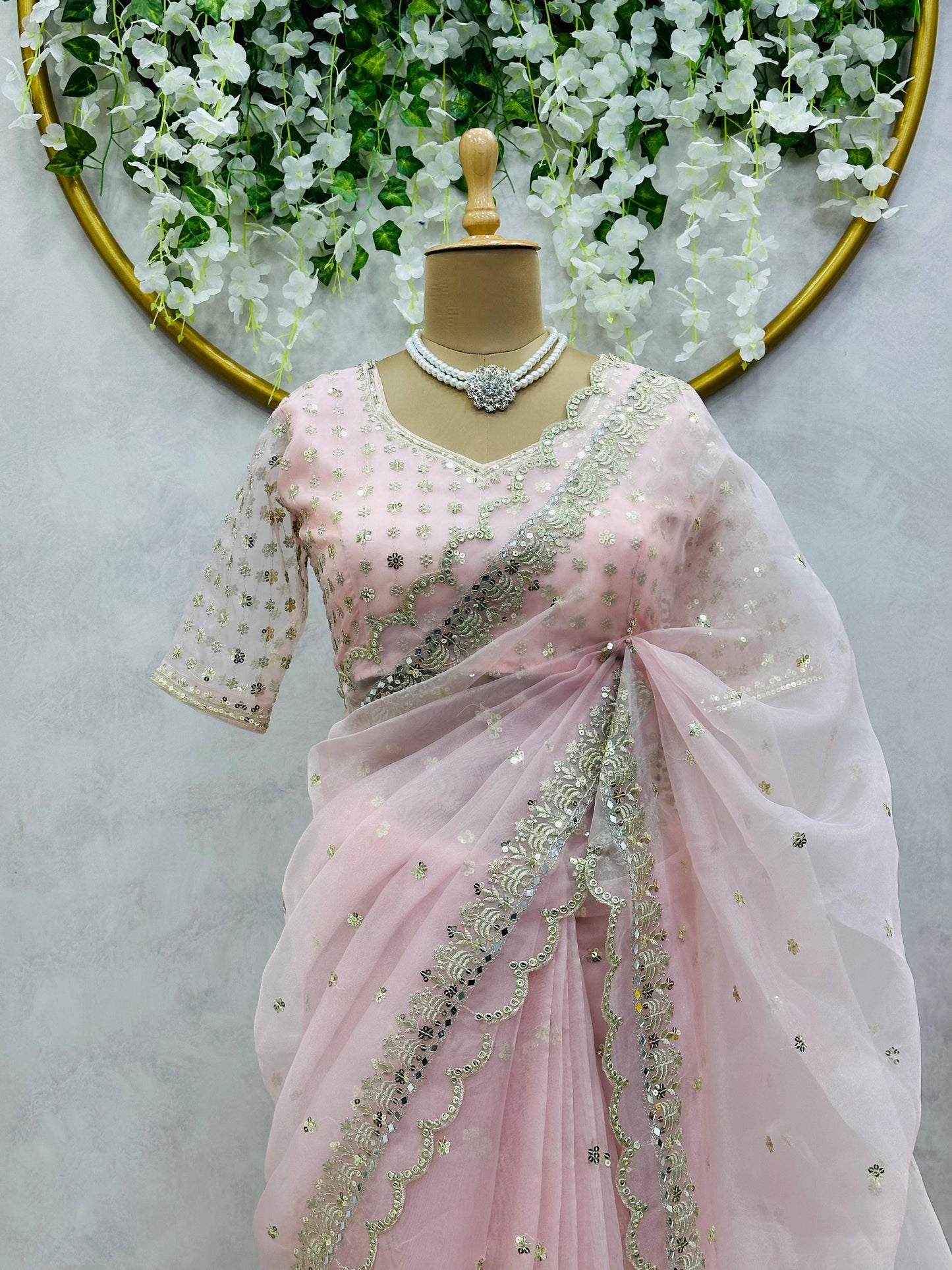 Peach Organza Silk Embroidered Work Saree