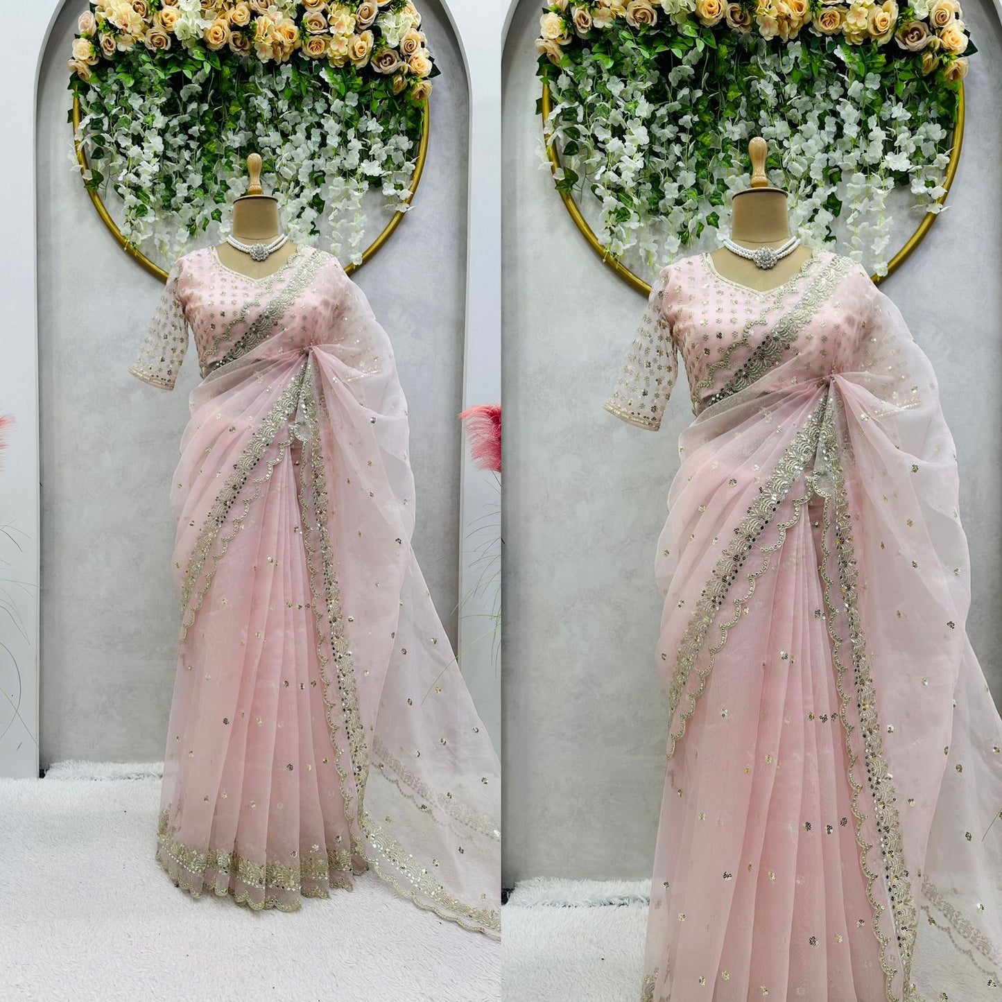 Peach Organza Silk Embroidered Work Saree