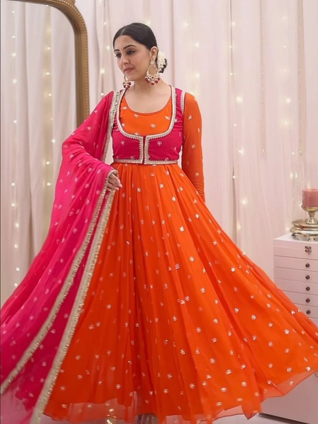Orange Faux Georgette Anarkali Gown with Dupatta