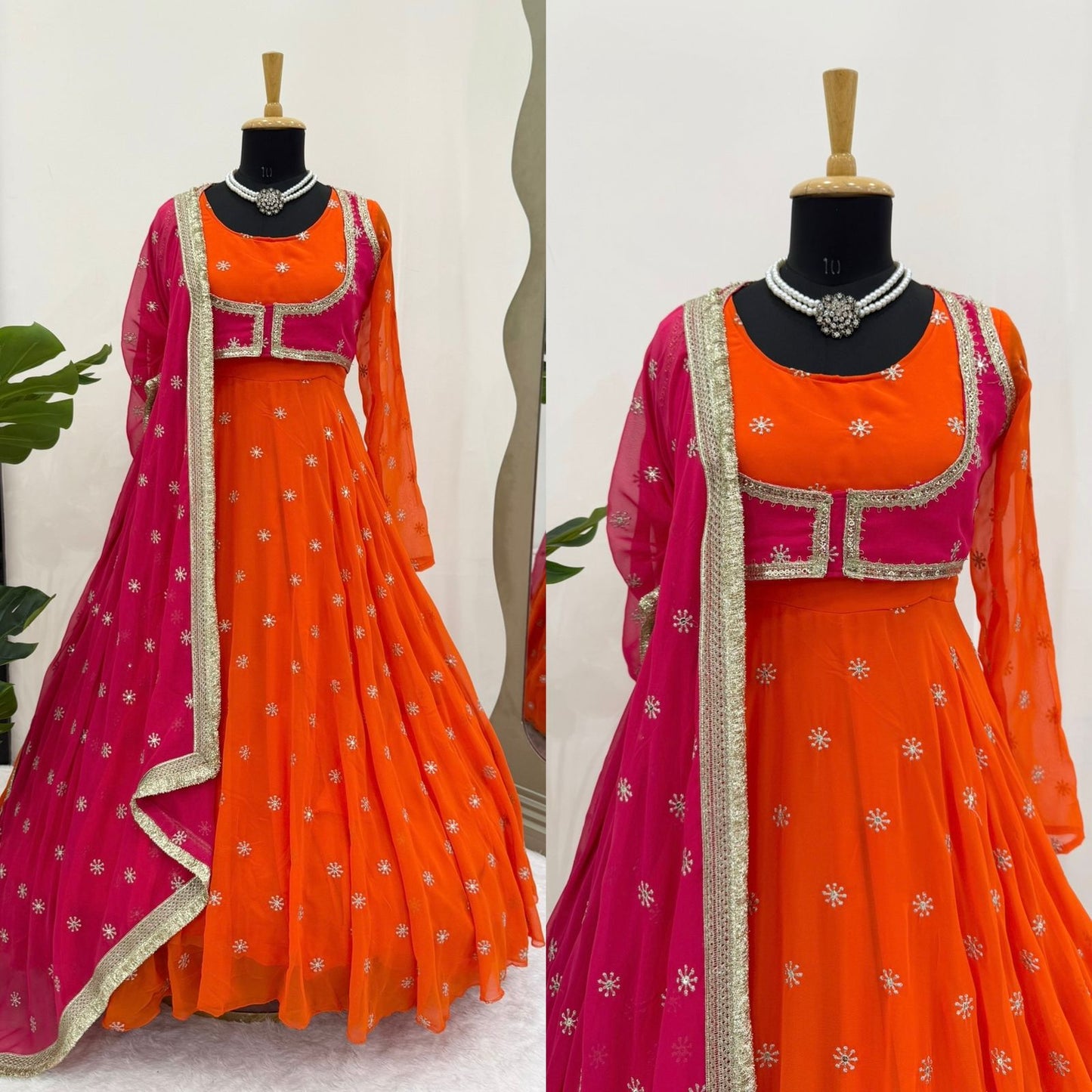 Orange Faux Georgette Anarkali Gown with Dupatta