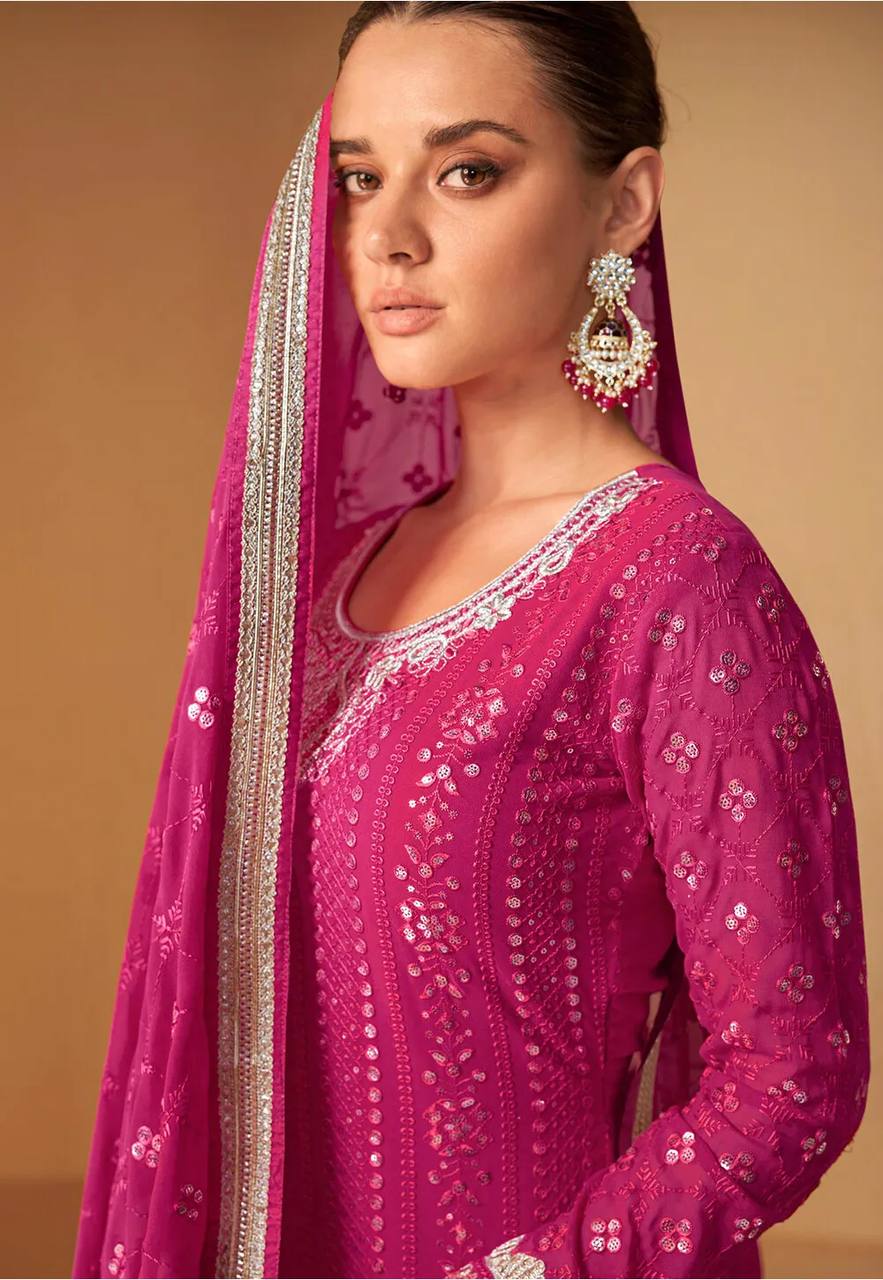 Awesome Pink Color Georgette Cotton Thread Work Semi Stitched Dress For Women