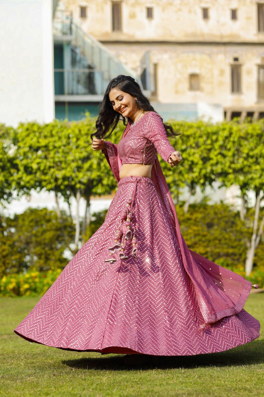 Metalic Pink Georgette Full Embroidary Worked Lehenga Choli