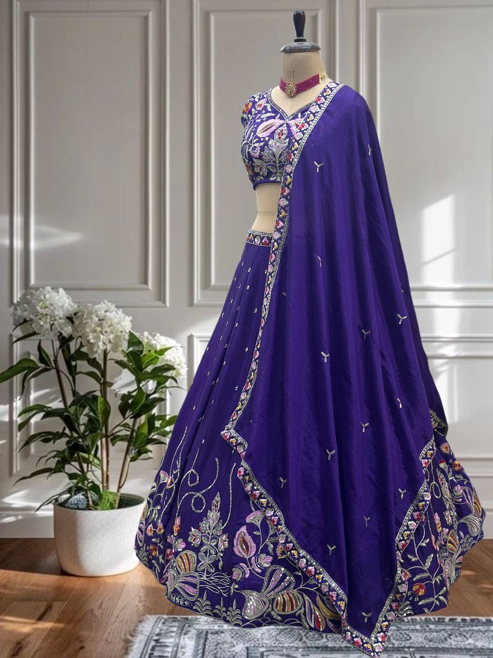 Purple Chinon Silk Embroidery Sequence Thread Work Lehenga Choli