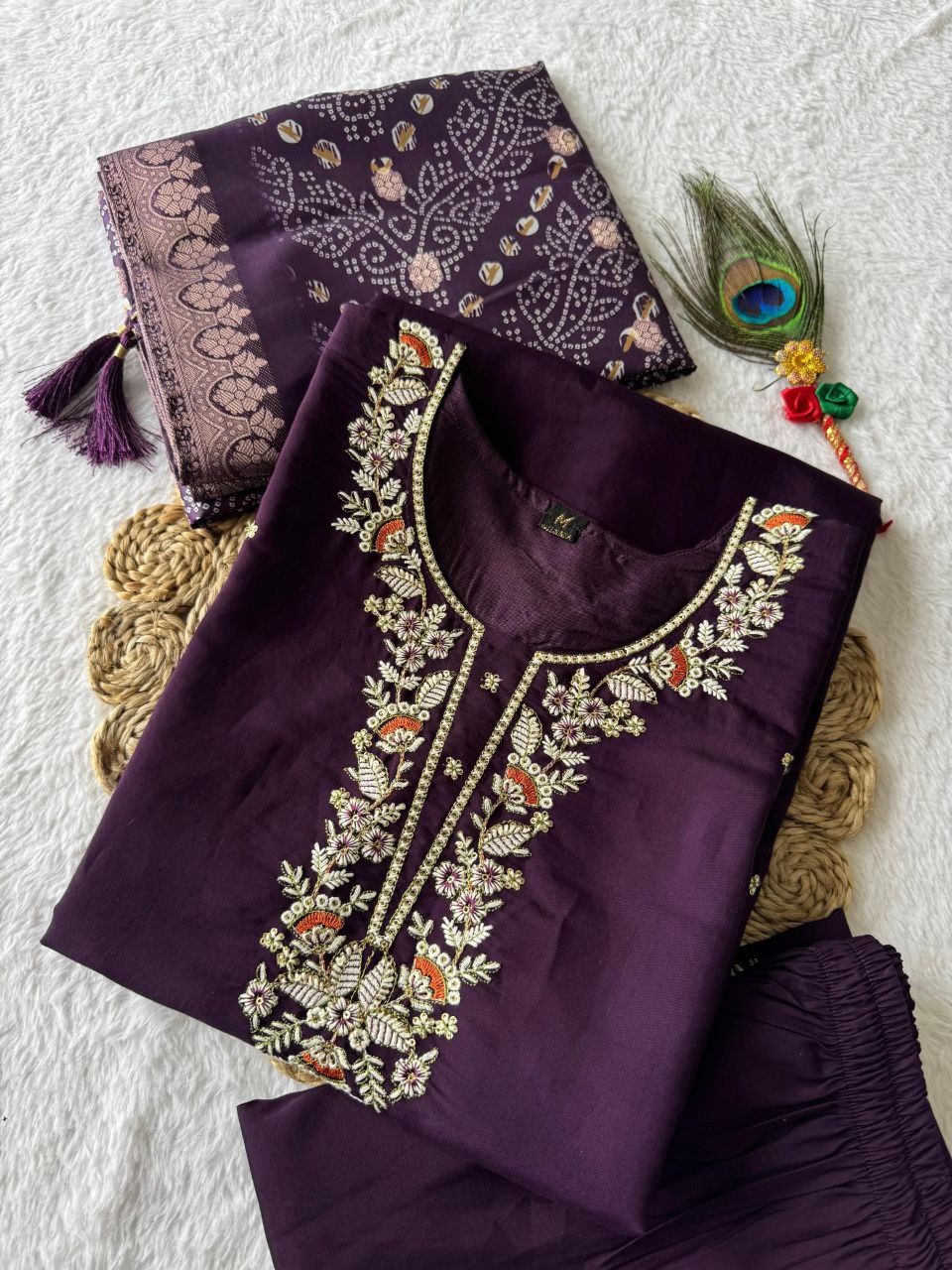 Elegant Dark Purple Roman Silk Suit with Embroidered Neckline and Lichi Jacquard Dupatta