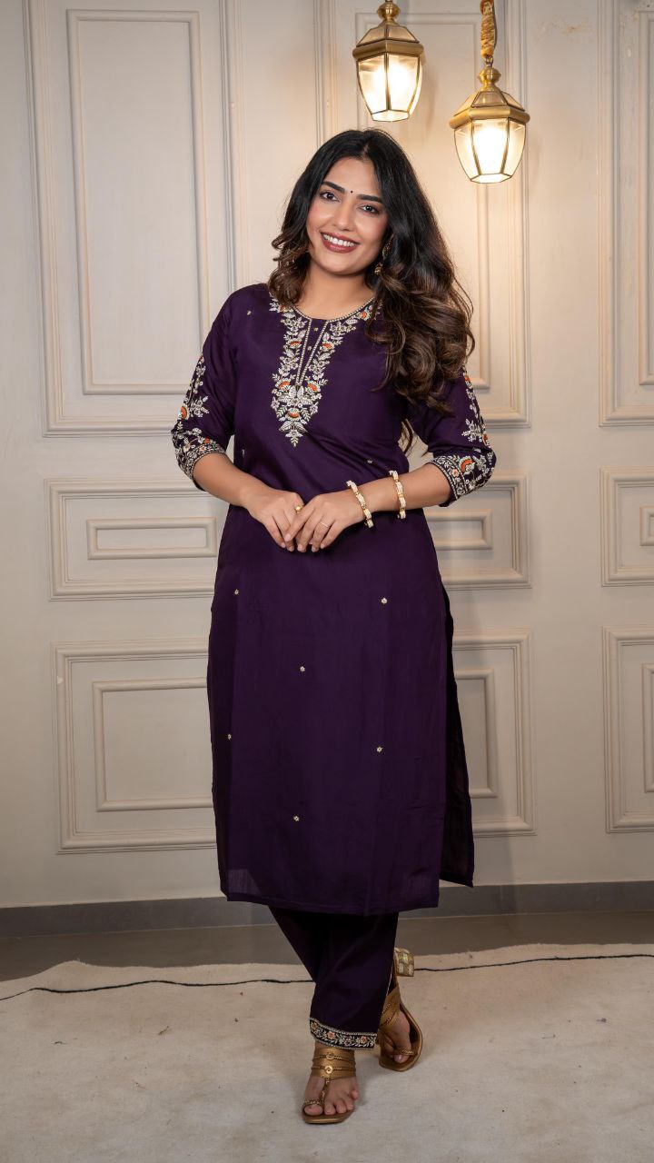 Elegant Dark Purple Roman Silk Suit with Embroidered Neckline and Lichi Jacquard Dupatta