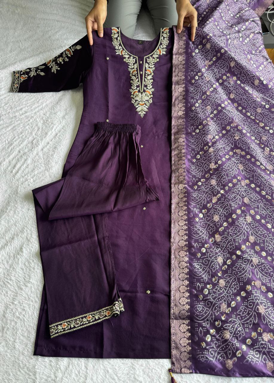 Elegant Dark Purple Roman Silk Suit with Embroidered Neckline and Lichi Jacquard Dupatta