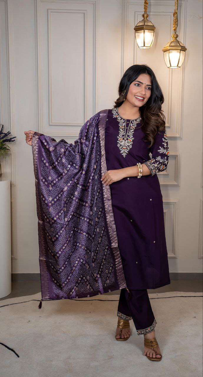 Elegant Dark Purple Roman Silk Suit with Embroidered Neckline and Lichi Jacquard Dupatta