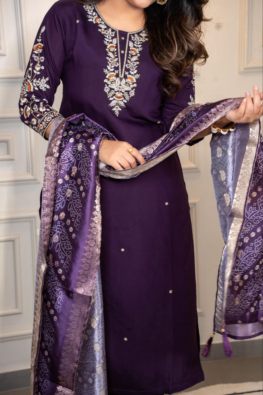 Elegant Dark Purple Roman Silk Suit with Embroidered Neckline and Lichi Jacquard Dupatta