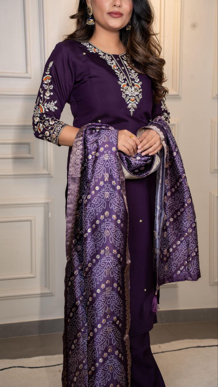 Elegant Dark Purple Roman Silk Suit with Embroidered Neckline and Lichi Jacquard Dupatta