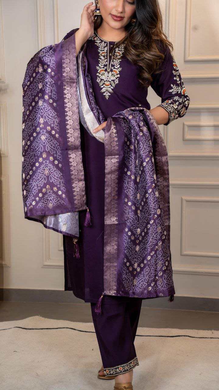 Elegant Dark Purple Roman Silk Suit with Embroidered Neckline and Lichi Jacquard Dupatta
