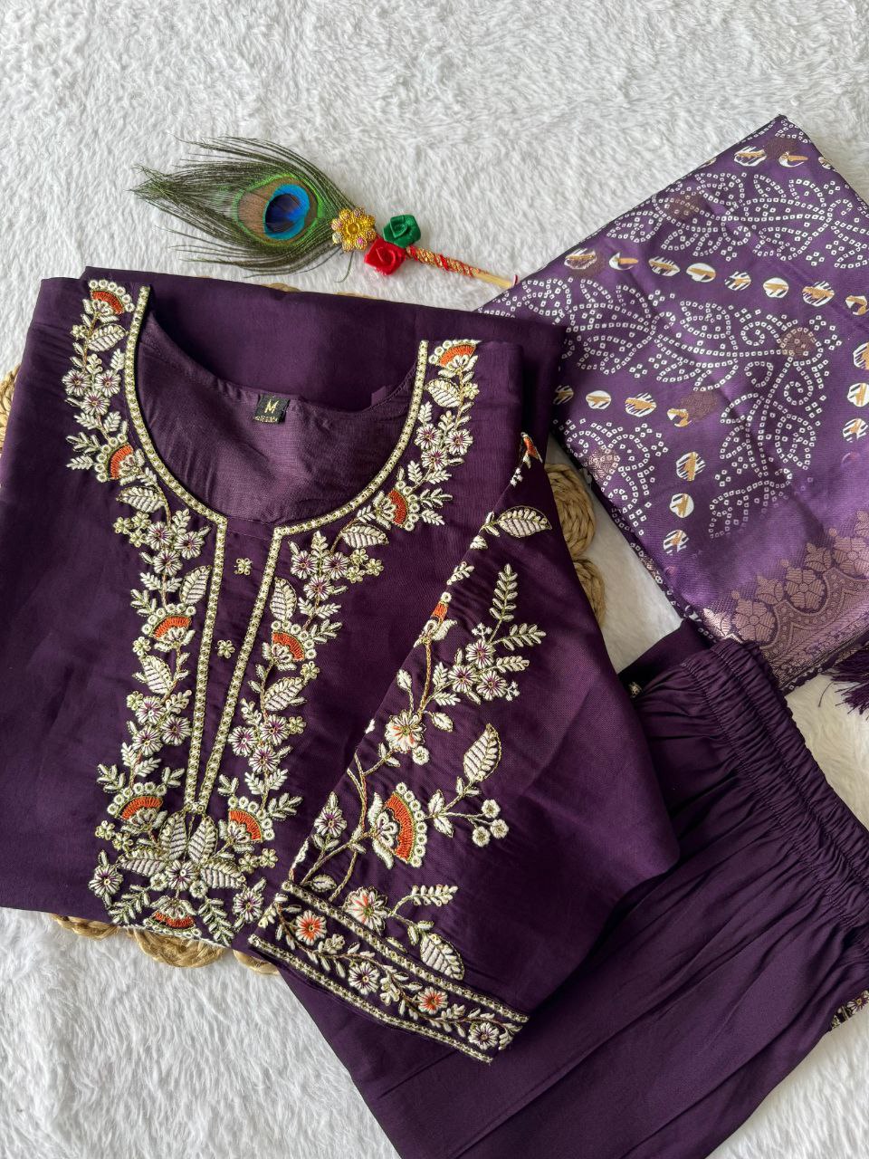 Elegant Dark Purple Roman Silk Suit with Embroidered Neckline and Lichi Jacquard Dupatta