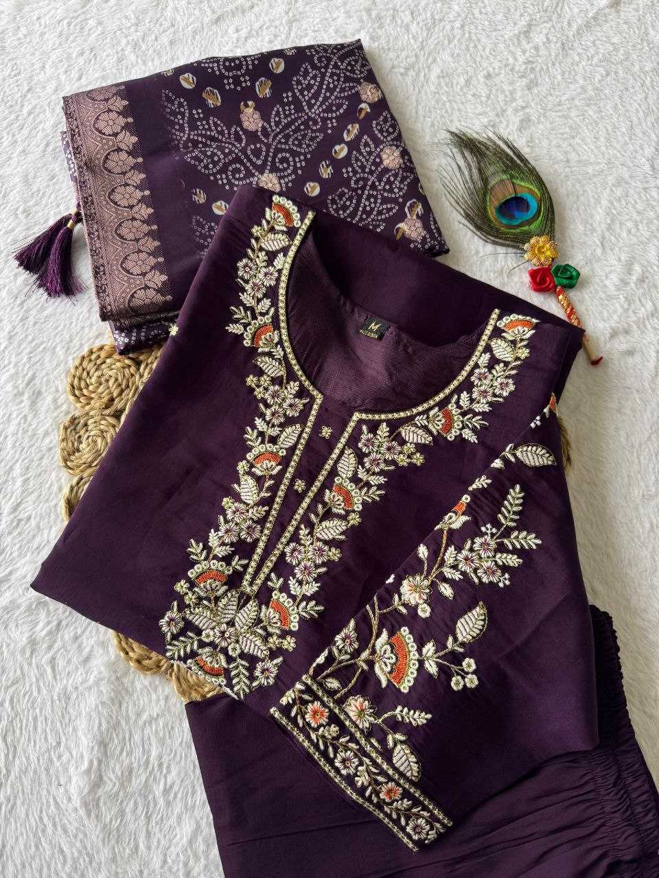 Elegant Dark Purple Roman Silk Suit with Embroidered Neckline and Lichi Jacquard Dupatta