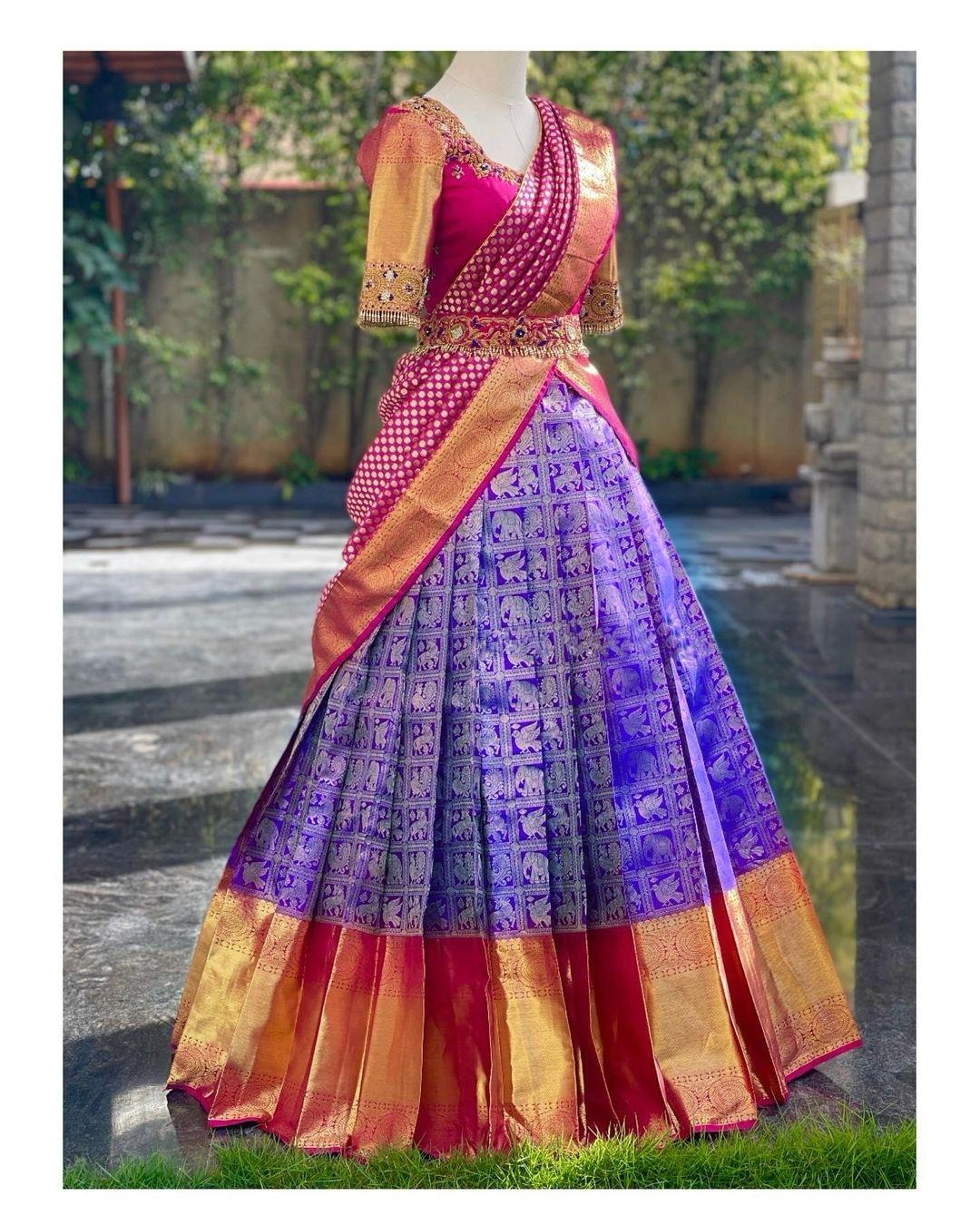 Purple Kanjiveram Silk Zari Half Saree Lehanga