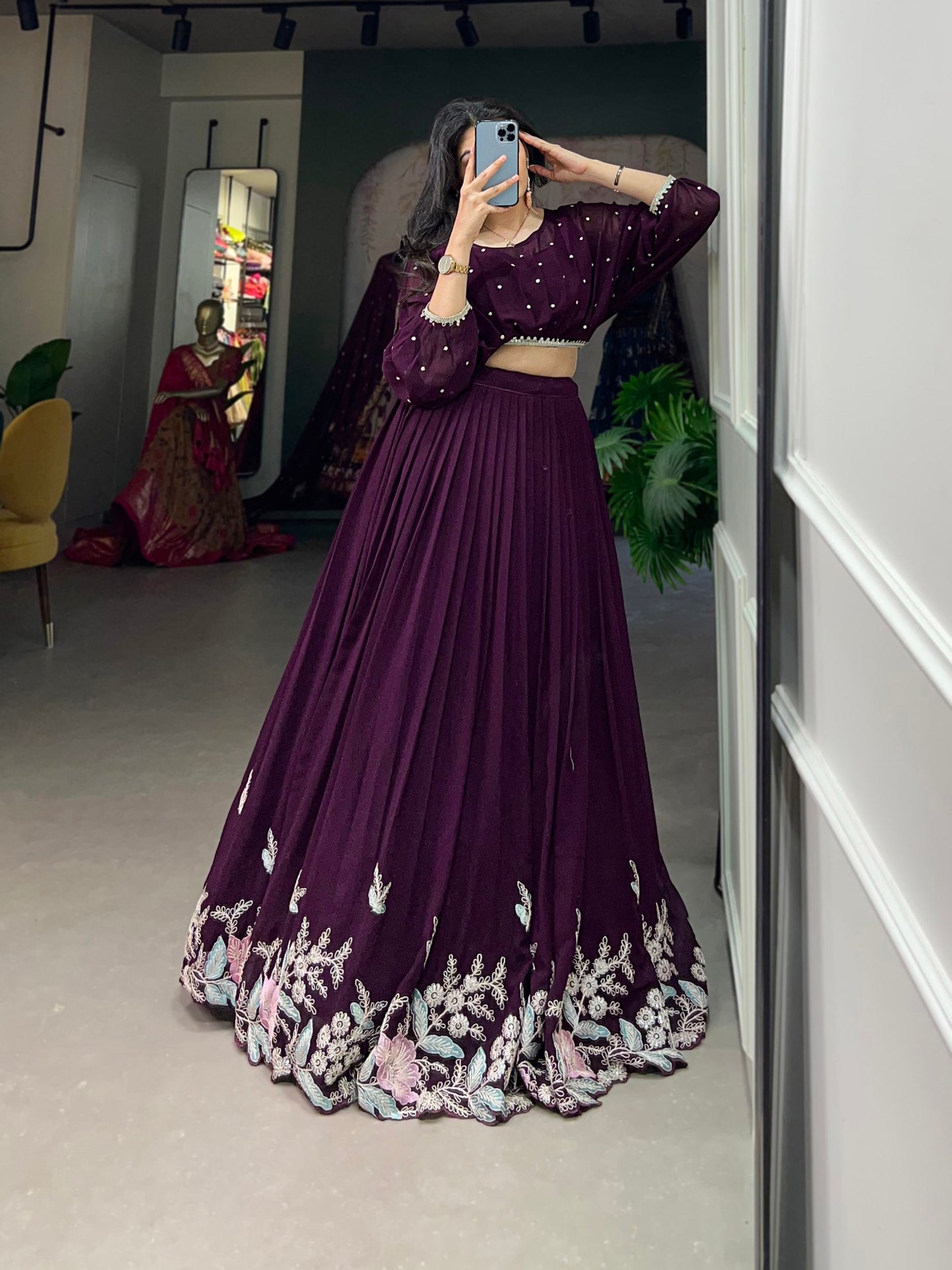 Fully Stitched Wine Sequins thread Embroidery Work Western Lehenga Choli