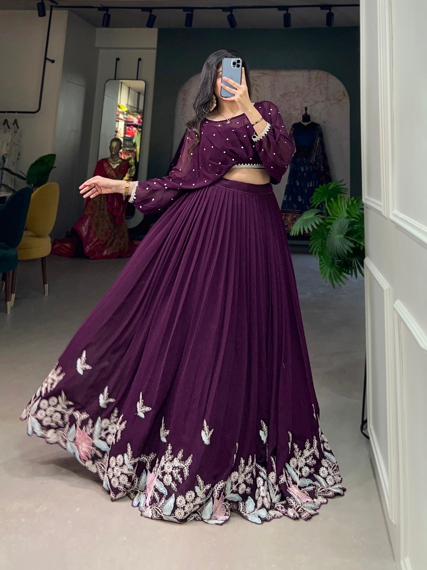 Fully Stitched Wine Sequins thread Embroidery Work Western Lehenga Choli