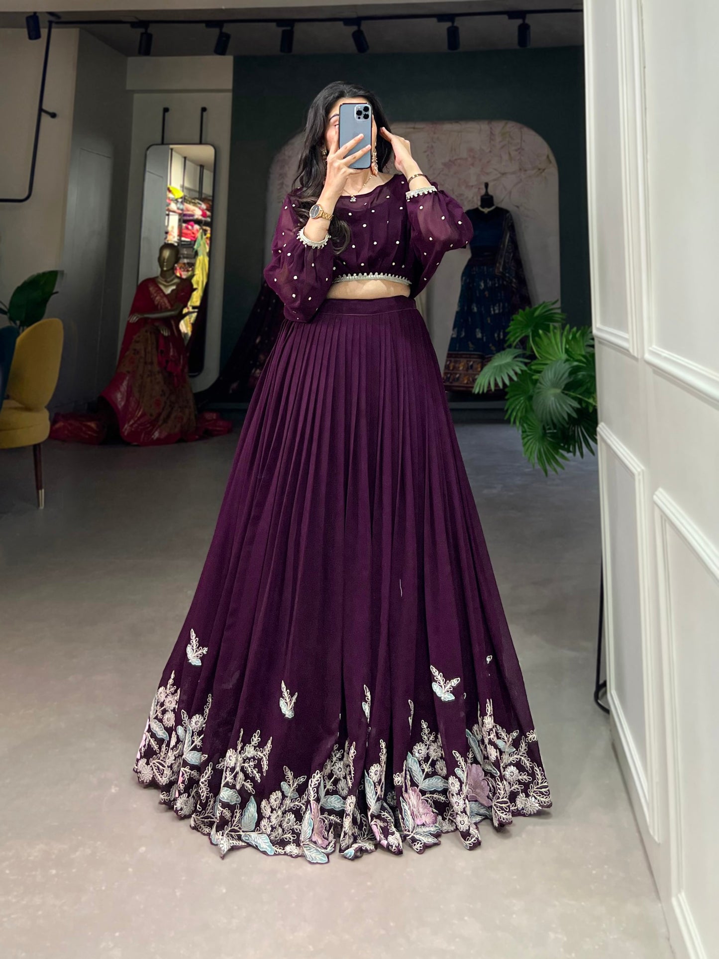 Fully Stitched Wine Sequins thread Embroidery Work Western Lehenga Choli
