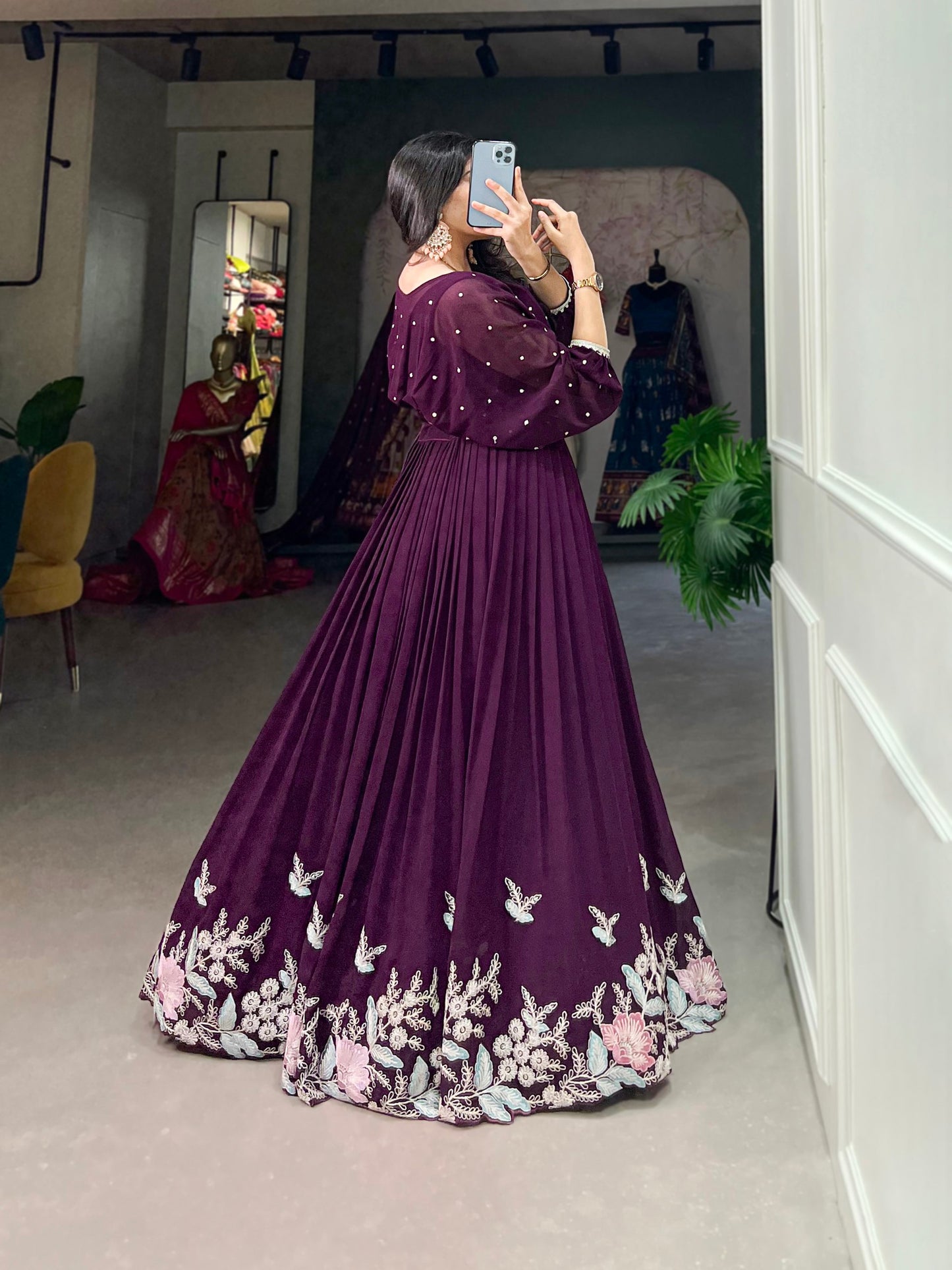 Fully Stitched Wine Sequins thread Embroidery Work Western Lehenga Choli