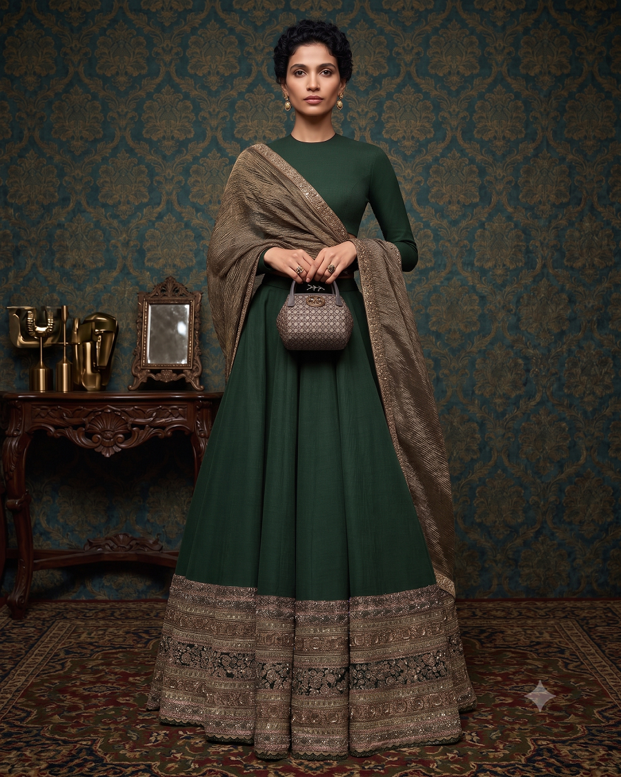 Embroidered Lehenga Choli Set with Heavy Zari Border & Crushed Dupatta Set