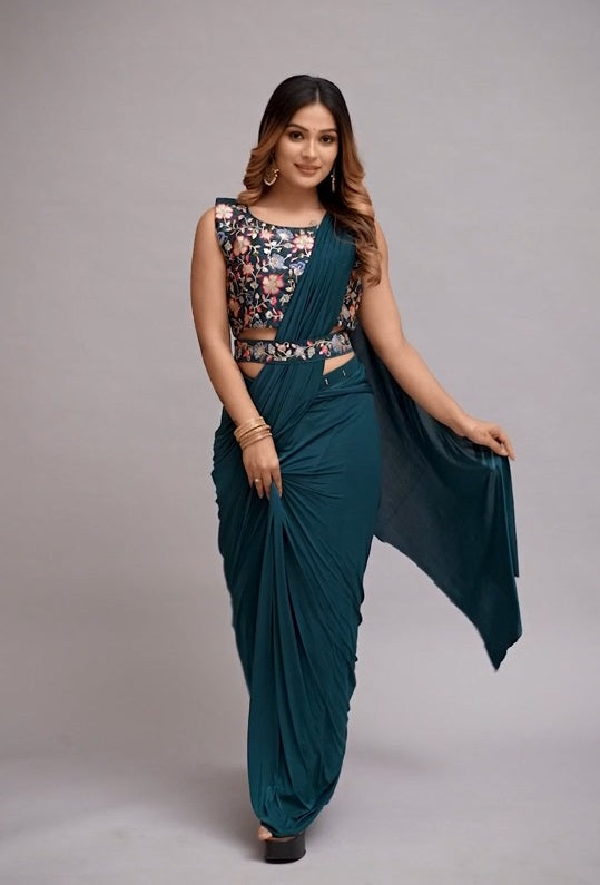 1 Minutes Ready To Wear Malay Silk Saree with Stitched Blouse