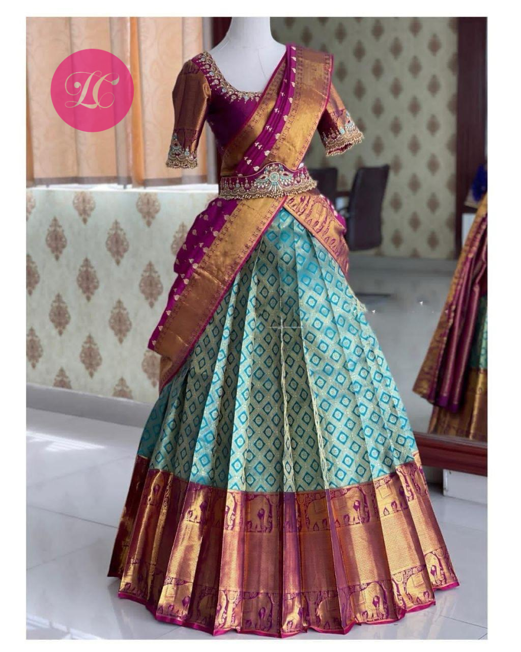 Light Rama Colour Kanjiveram Silk Lehenga Choli With Contrast Blouse