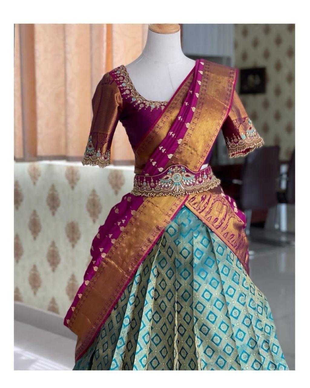 Light Rama Colour Kanjiveram Silk Lehenga Choli With Contrast Blouse