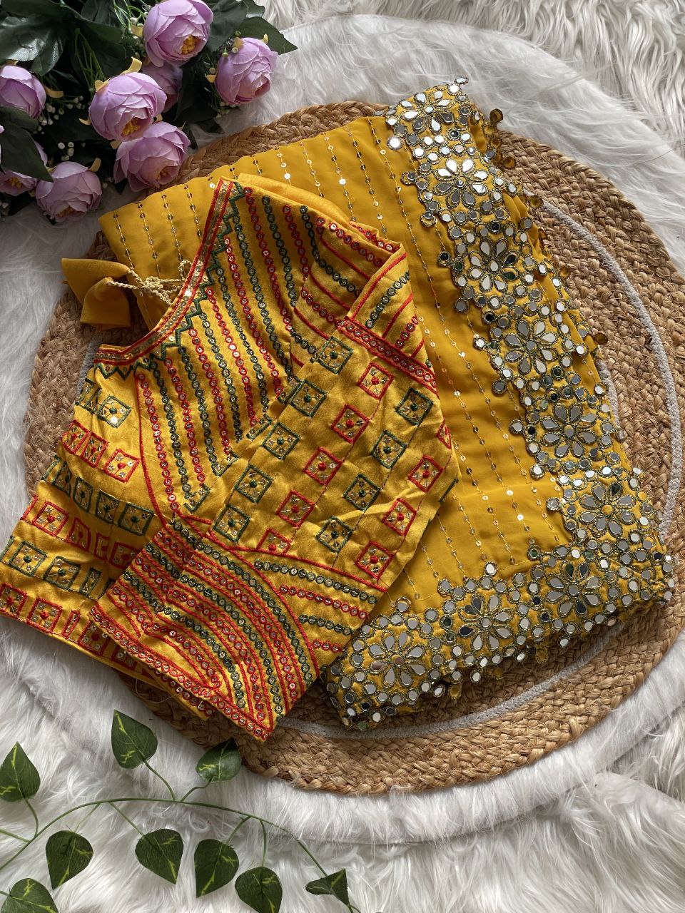 Stitched Blouse With Faux Georgette Saree With Mirror Lace & Sequins Work