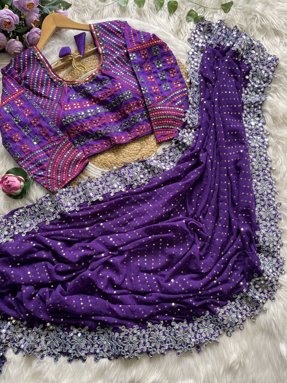 Stitched Blouse With Faux Georgette Saree With Mirror Lace & Sequins Work