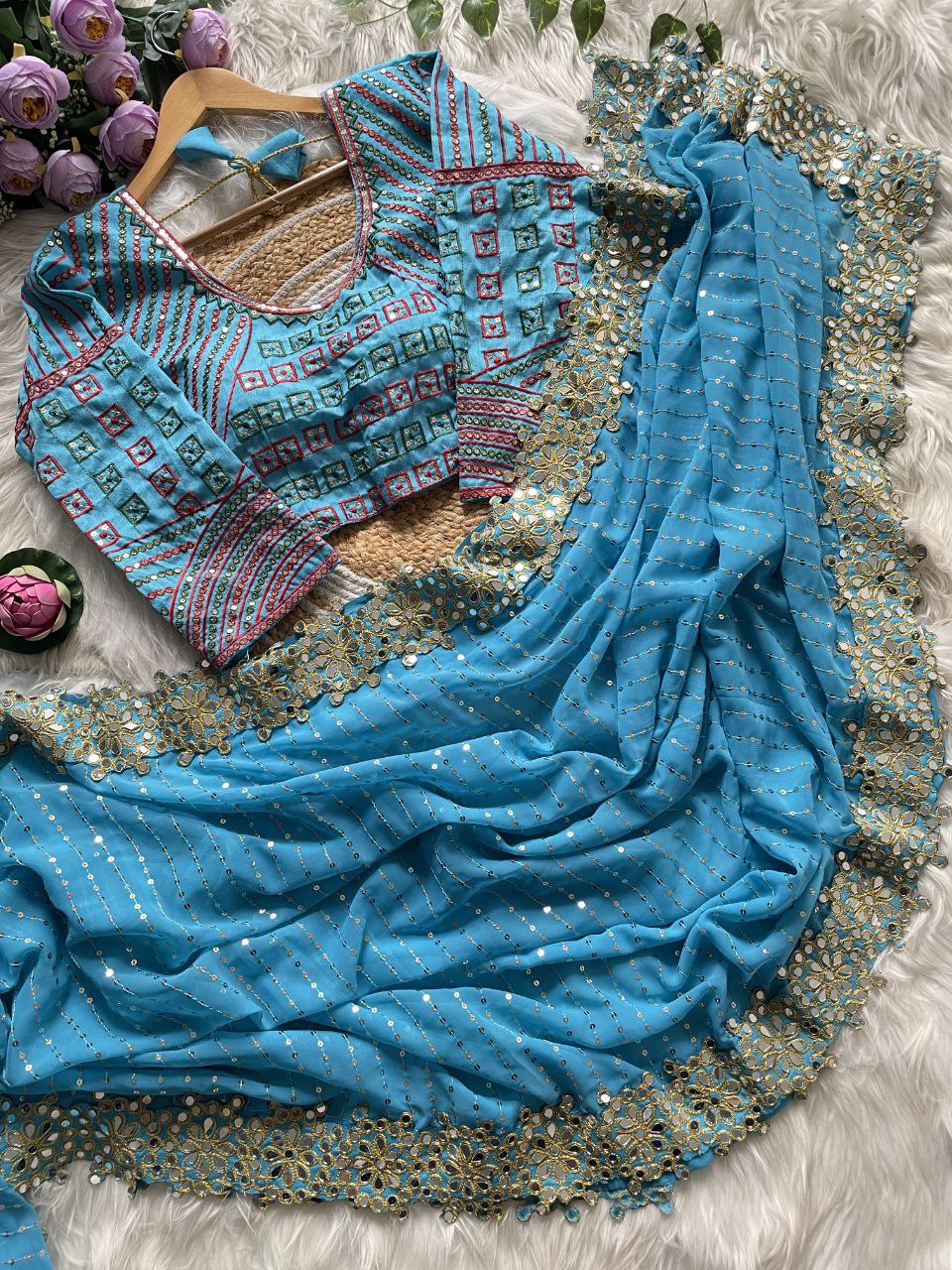 Stitched Blouse With Faux Georgette Saree With Mirror Lace & Sequins Work