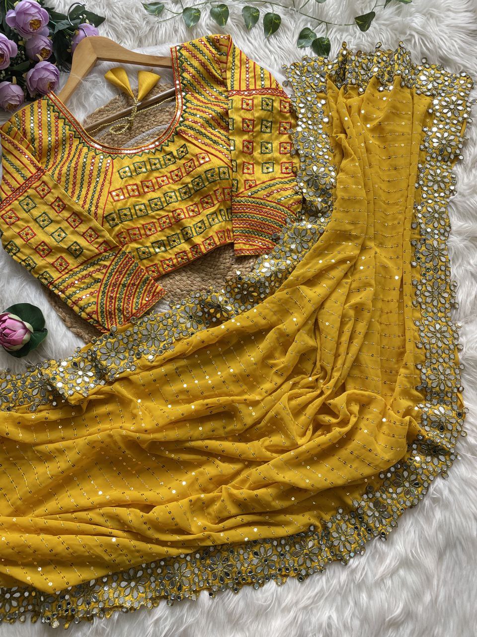 Stitched Blouse With Faux Georgette Saree With Mirror Lace & Sequins Work