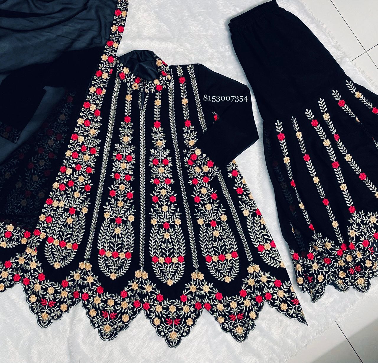 Black Color Georgette Embroidered Sharara Suit Ready to Wear For Women