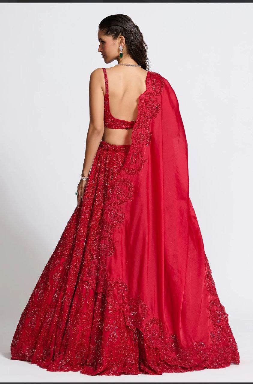 Red Colour Vichitra Silk Embroidery Sequence Design Work Lehenga Choli