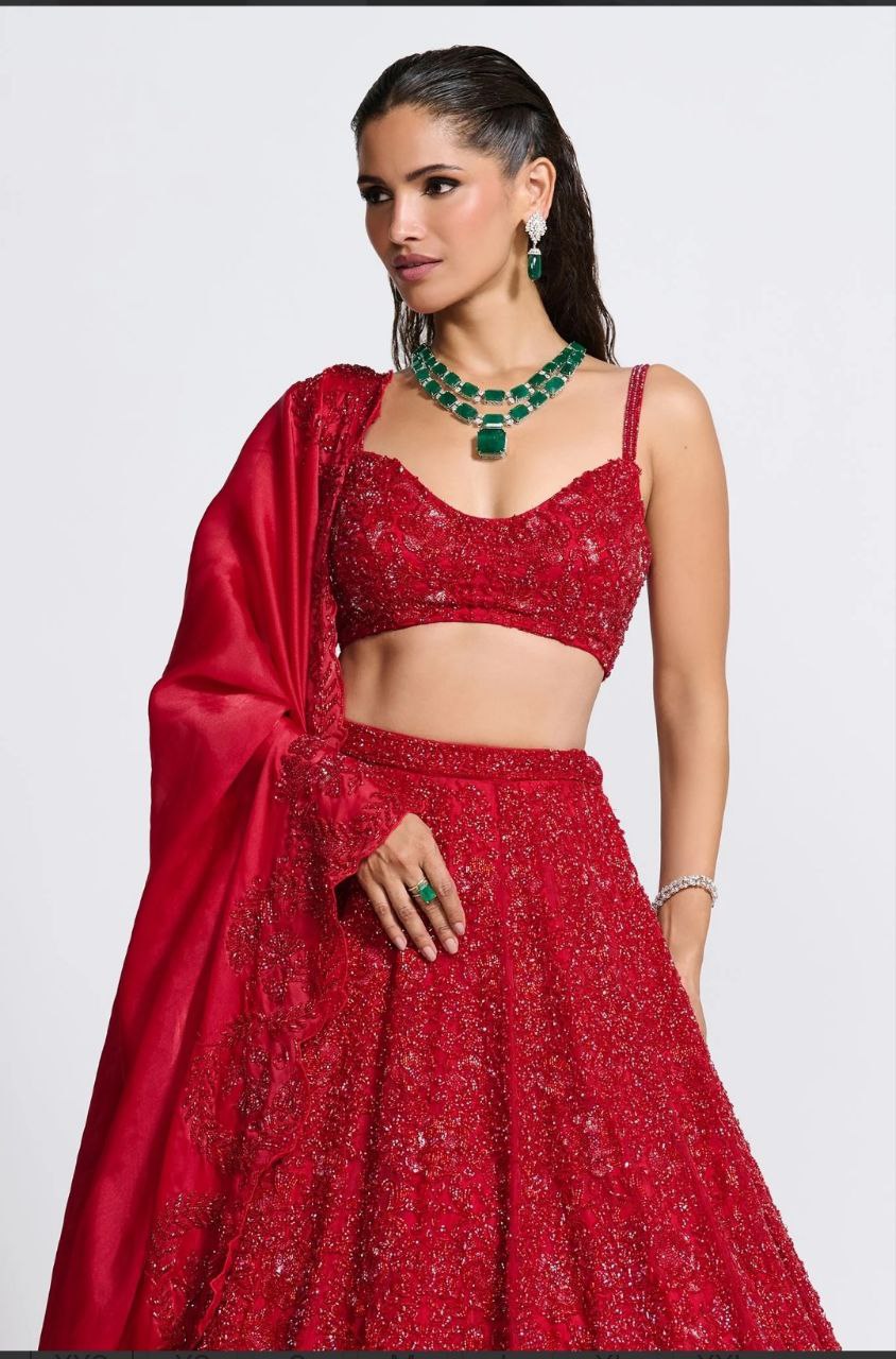 Red Colour Vichitra Silk Embroidery Sequence Design Work Lehenga Choli