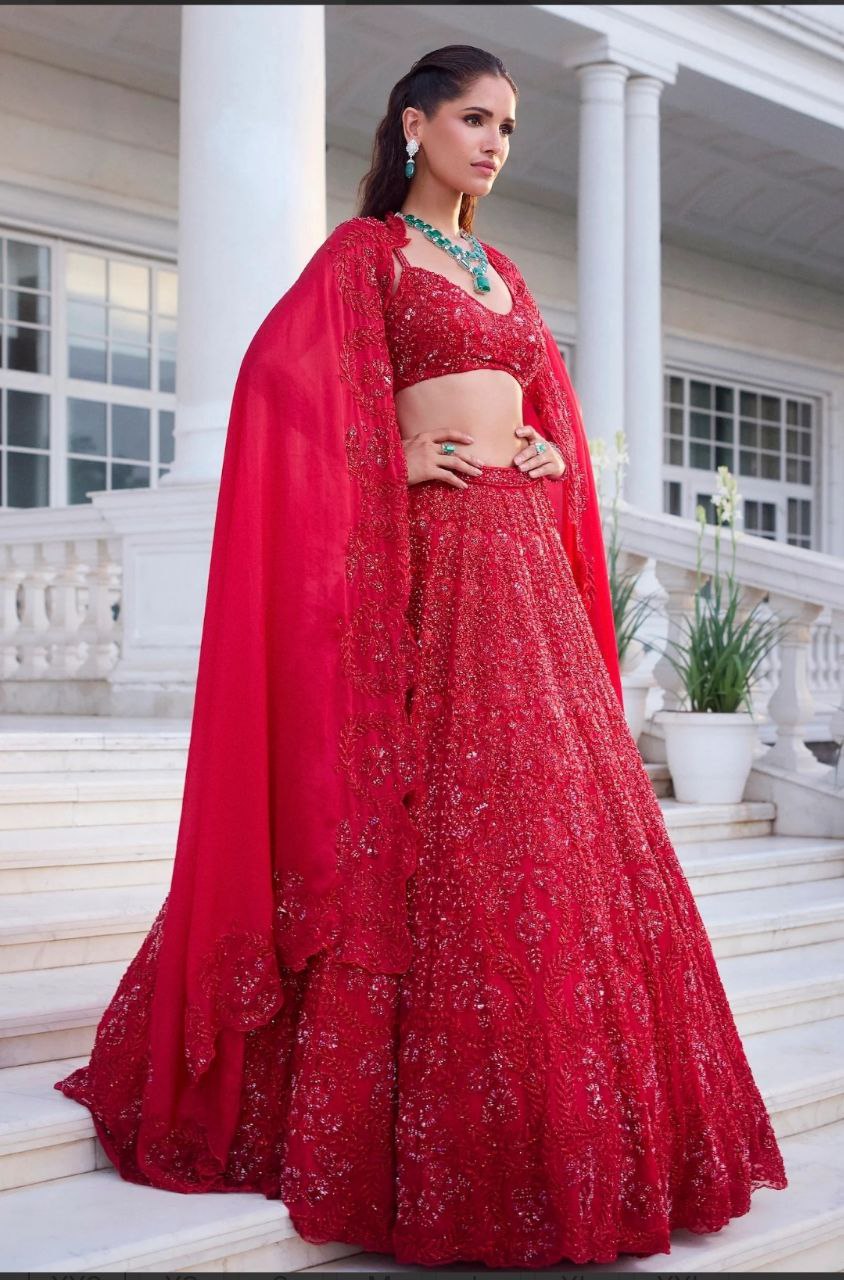 Red Colour Vichitra Silk Embroidery Sequence Design Work Lehenga Choli