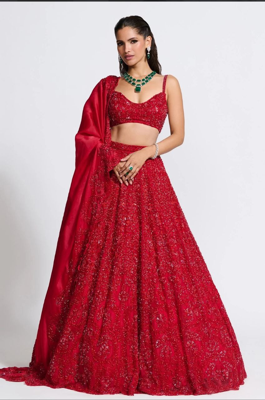 Red Colour Vichitra Silk Embroidery Sequence Design Work Lehenga Choli